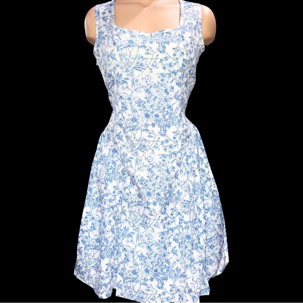 SHEIN Blue Floral Skater Dress Open Back Bow Tie Mini Dress - Picture 7 of 13